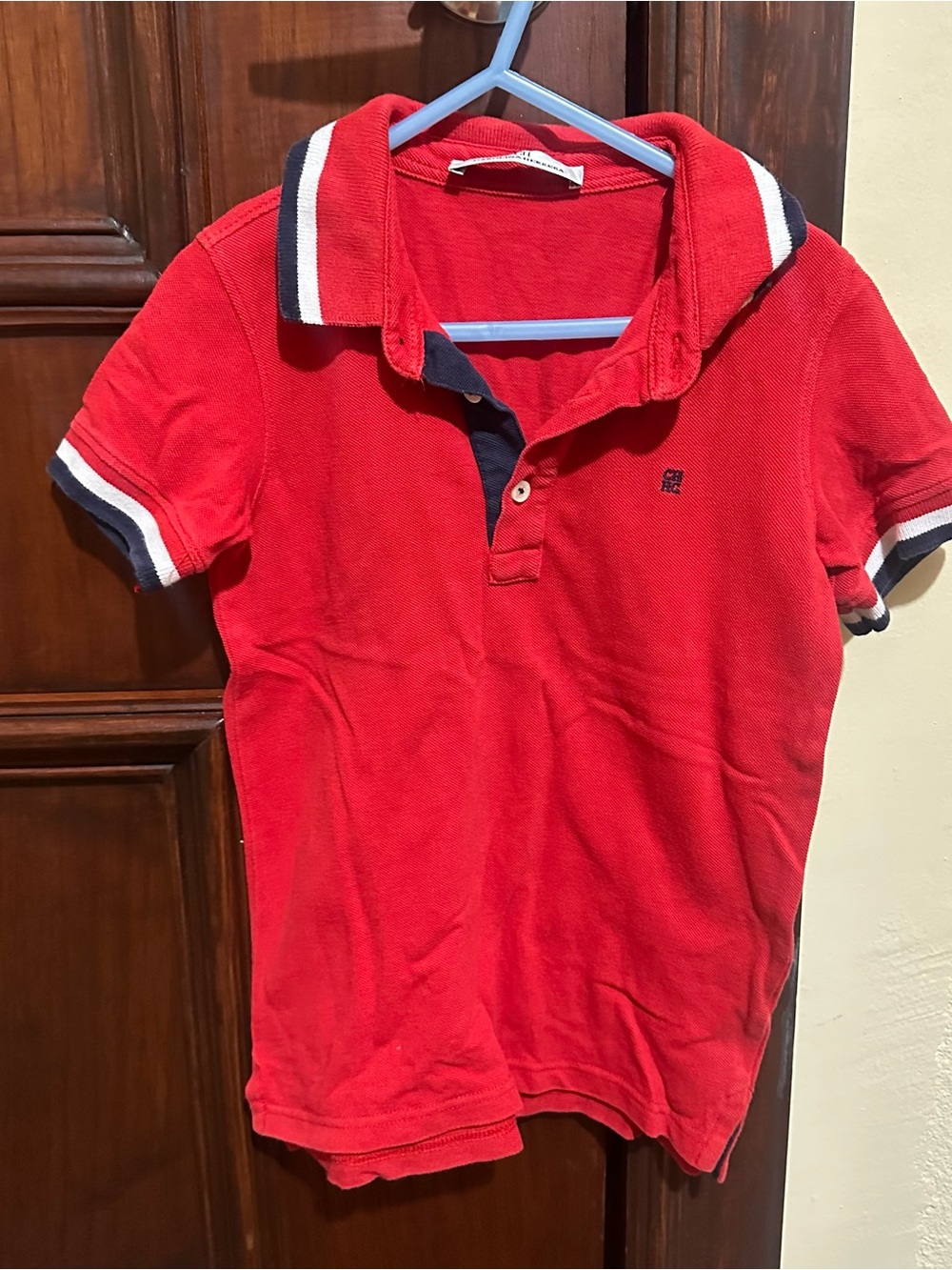 Carolina Herrera Red Polo with Navy & White Stripe Trim